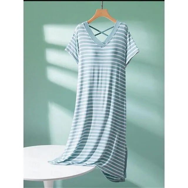 Women’s Pajamas Nightgown Nightshirt Dress Stripe Fashion Comfort Home Daily Bed Modal Breathable V Wire Short Sleeve Chest pads Summer Black Light Green 696513e7474d6aed888939e909e9ca6a