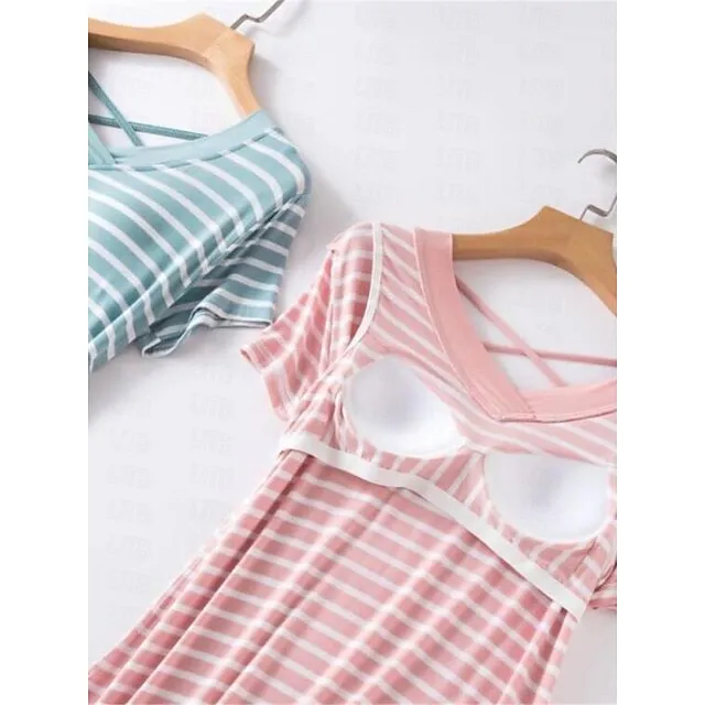 Women’s Pajamas Nightgown Nightshirt Dress Stripe Fashion Comfort Home Daily Bed Modal Breathable V Wire Short Sleeve Chest pads Summer Black Light Green 69715908fd9d620416bc4c60bcc7798b