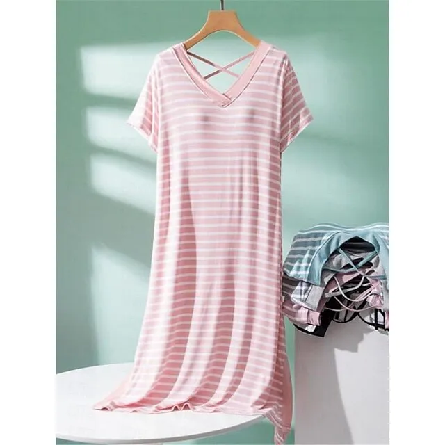 Women’s Pajamas Nightgown Nightshirt Dress Stripe Fashion Comfort Home Daily Bed Modal Breathable V Wire Short Sleeve Chest pads Summer Black Light Green b8ef6af53d398722eb9a481112fa55fa