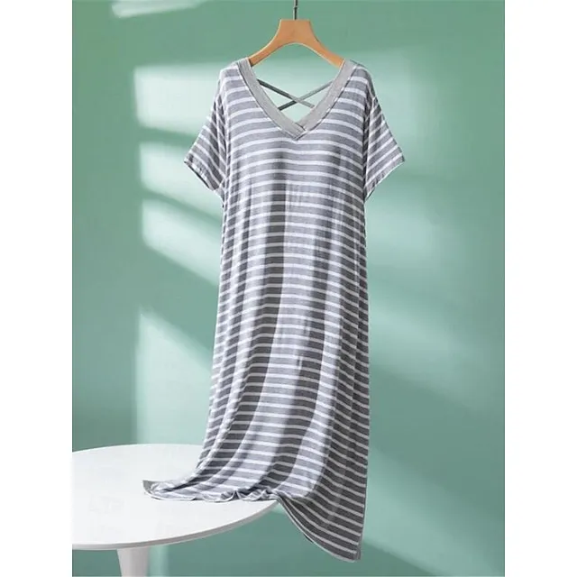 Women’s Pajamas Nightgown Nightshirt Dress Stripe Fashion Comfort Home Daily Bed Modal Breathable V Wire Short Sleeve Chest pads Summer Black Light Green ba50924077b8b6d714927eb6ef148491