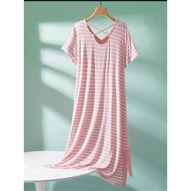 Women’s Pajamas Nightgown Nightshirt Dress Stripe Fashion Comfort Home Daily Bed Modal Breathable V Wire Short Sleeve Chest pads Summer Black Light Green bac975129e43b31633a4d0453bc875de