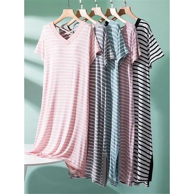 Women's Pajamas Nightgown Nightshirt Dress Stripe Fashion Comfort Home Daily Bed Modal Breathable V Wire Short Sleeve Chest pads Summer Black Light Green ef78dc078b2991e8a41112ce2d7a4c7e