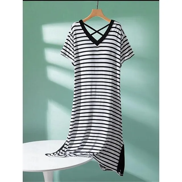 Women’s Pajamas Nightgown Nightshirt Dress Stripe Fashion Comfort Home Daily Bed Modal Breathable V Wire Short Sleeve Chest pads Summer Black Light Green f6a28edbc3c623080894f61fe7ac4f1a