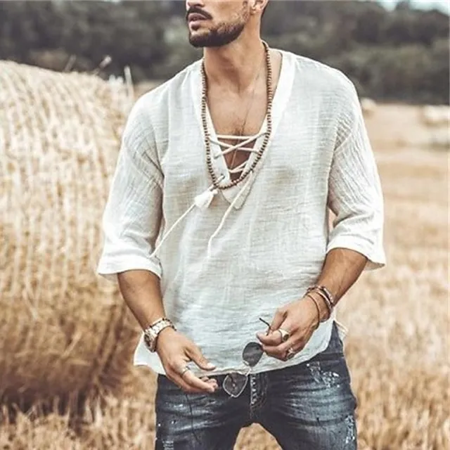 Men's T shirt Tee Tee Tee Top Plain V Neck Street Vacation Half-Sleeve Lace up Clothing Apparel Fashion Designer Basic 42aa6a18cdd83ea169d679d7da8629bd