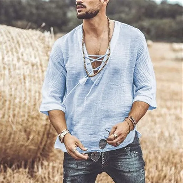 Men’s T shirt Tee Tee Tee Top Plain V Neck Street Vacation Half-Sleeve Lace up Clothing Apparel Fashion Designer Basic 6610e84f87fb24ffd2f0b3b269094cda