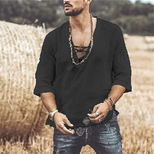 Men’s T shirt Tee Tee Tee Top Plain V Neck Street Vacation Half-Sleeve Lace up Clothing Apparel Fashion Designer Basic a65944435bff1fa7a52973bfdd450df6
