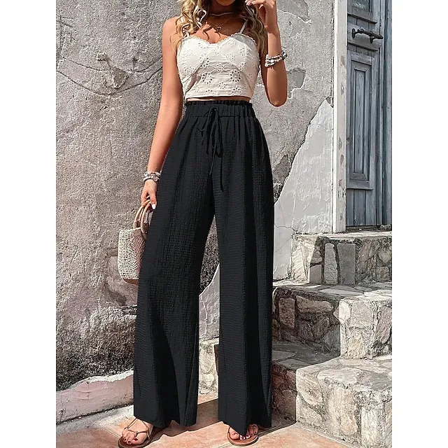 Women’s Wide Leg Pants Trousers Plain Side Pockets Full Length Casual Daily Outdoor Weekend Black Red S M Spring & Summer 5b326fa94149707b99af80105b8eb62a