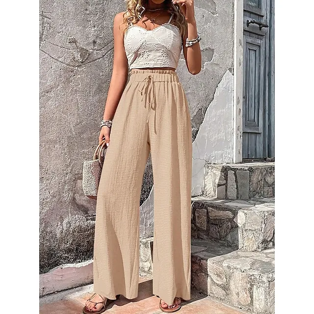 Women’s Wide Leg Pants Trousers Plain Side Pockets Full Length Casual Daily Outdoor Weekend Black Red S M Spring & Summer 6a28623a5b98a39d6fd848b6be6aad99