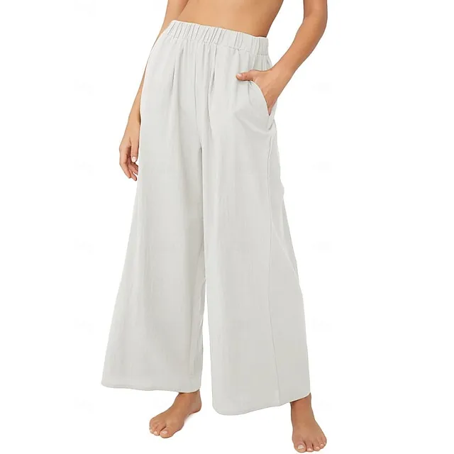 Women’s Wide Leg Pants Trousers Linen Cotton Blend Plain Side Pockets Wide Leg Full Length Casual Daily Going out Weekend Black White S M Spring & Summer 071239f137310e46a23c7bd975a406d8