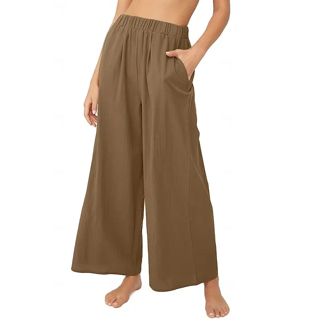 Women’s Wide Leg Pants Trousers Linen Cotton Blend Plain Side Pockets Wide Leg Full Length Casual Daily Going out Weekend Black White S M Spring & Summer 1b606e5a0013631a2f0f8890818f4530