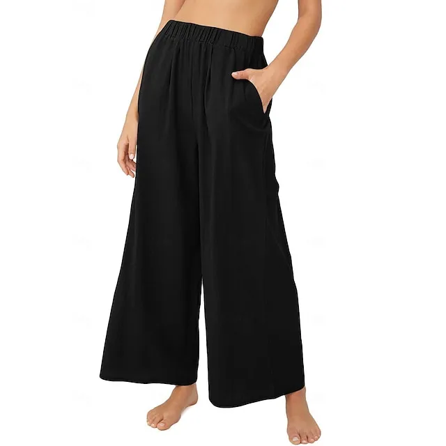 Women’s Wide Leg Pants Trousers Linen Cotton Blend Plain Side Pockets Wide Leg Full Length Casual Daily Going out Weekend Black White S M Spring & Summer 2fde14d4430c869a415ed0ca6b446408