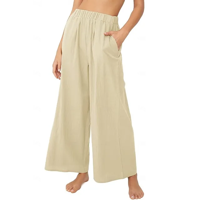 Women’s Wide Leg Pants Trousers Linen Cotton Blend Plain Side Pockets Wide Leg Full Length Casual Daily Going out Weekend Black White S M Spring & Summer 538e171dc485e38916c79d0717189c52
