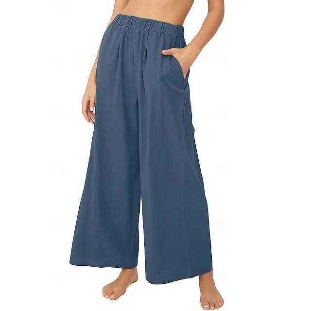 Women's Wide Leg Pants Trousers Linen Cotton Blend Plain Side Pockets Wide Leg Full Length Casual Daily Going out Weekend Black White S M Spring & Summer 78fc3671ee5951ce63eaf1fe2ba1c872