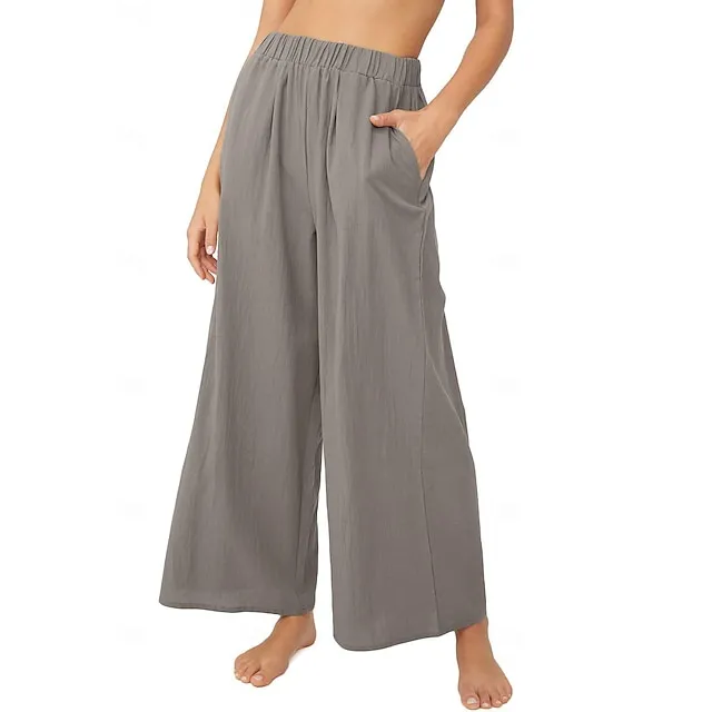 Women’s Wide Leg Pants Trousers Linen Cotton Blend Plain Side Pockets Wide Leg Full Length Casual Daily Going out Weekend Black White S M Spring & Summer c5988994ebcb85a583023712453d237f