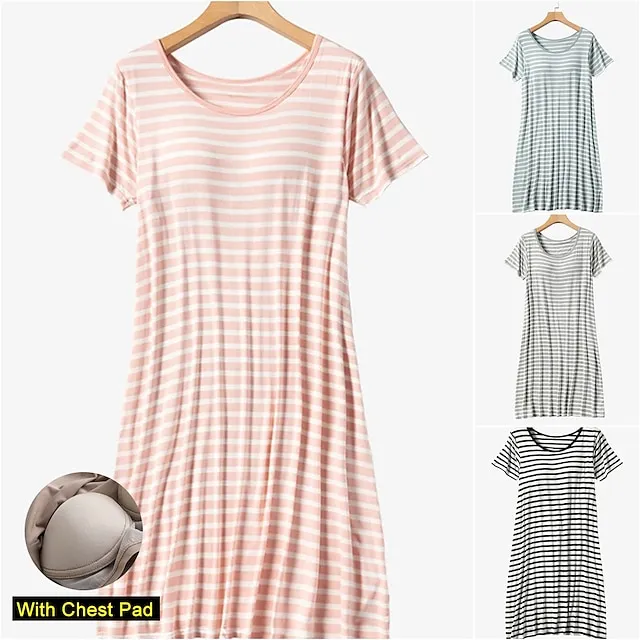 Women's Pajamas Nightgown Nightshirt Dress Stripe Fashion Comfort Home Daily Bed Modal Breathable Crew Neck Short Sleeve Chest pads Summer Black Pink 7e68df0b8b95ccb1a4ffb1c5249ea47b