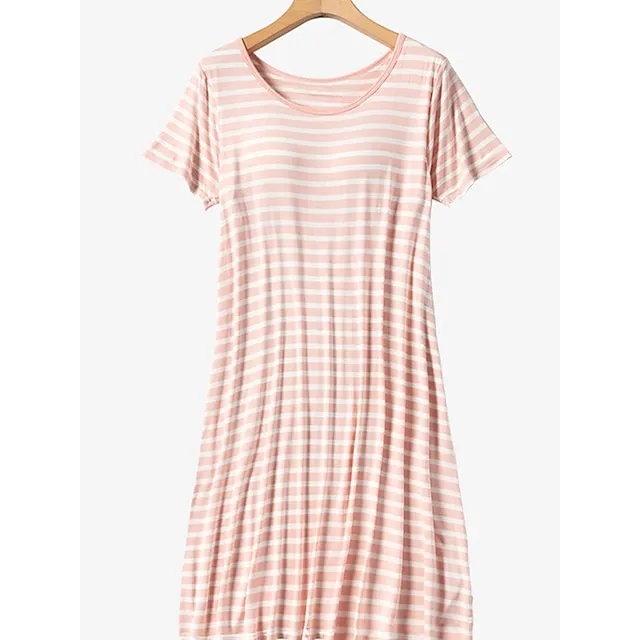 Women’s Pajamas Nightgown Nightshirt Dress Stripe Fashion Comfort Home Daily Bed Modal Breathable Crew Neck Short Sleeve Chest pads Summer Black Pink a33b338fb09f6c58ad9e9921b75ab435