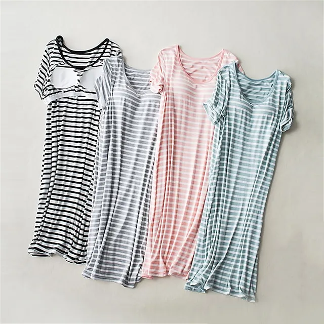 Women’s Pajamas Nightgown Nightshirt Dress Stripe Fashion Comfort Home Daily Bed Modal Breathable Crew Neck Short Sleeve Chest pads Summer Black Pink df4f4aacb3507a9b4d35e87468cd2410