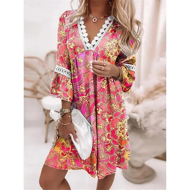 Women's Casual Dress Summer Dress Floral Plaid Lace Patchwork V Neck Mini Dress Streetwear Street Holiday 3/4 Length Sleeve Loose Fit White Pink Blue Summer S M L XL 2XL