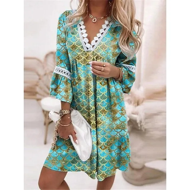 Women’s Casual Dress Summer Dress Floral Plaid Lace Patchwork V Neck Mini Dress Streetwear Street Holiday 3/4 Length Sleeve Loose Fit White Pink Blue Summer S M L XL 2XL 08b5d85ce7e4003fbf94bd314055ce7c