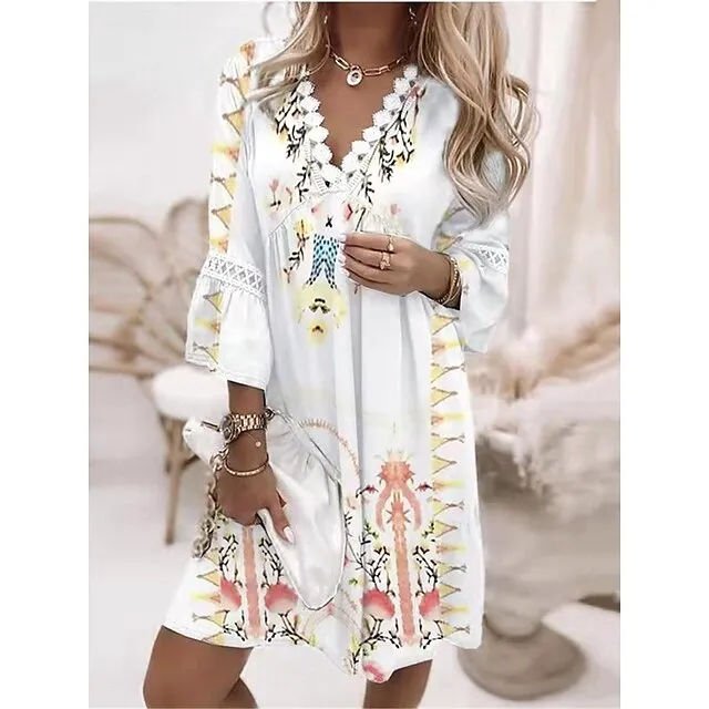 Women’s Casual Dress Summer Dress Floral Plaid Lace Patchwork V Neck Mini Dress Streetwear Street Holiday 3/4 Length Sleeve Loose Fit White Pink Blue Summer S M L XL 2XL 604d30034e025098117de73bba0557ac