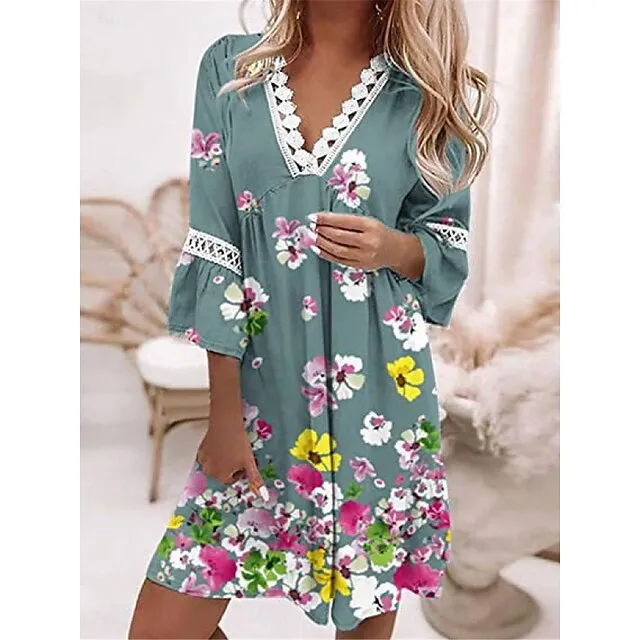 Women’s Casual Dress Summer Dress Floral Plaid Lace Patchwork V Neck Mini Dress Streetwear Street Holiday 3/4 Length Sleeve Loose Fit White Pink Blue Summer S M L XL 2XL 949ab1234a03ffadeb787648e504982d