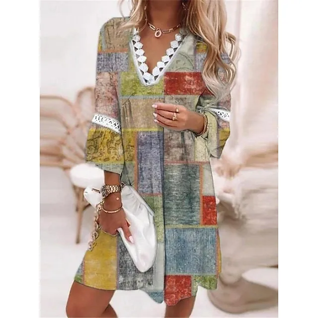 Women’s Casual Dress Summer Dress Floral Plaid Lace Patchwork V Neck Mini Dress Streetwear Street Holiday 3/4 Length Sleeve Loose Fit White Pink Blue Summer S M L XL 2XL e7935f5060ad731f6fd95bc7f4fff4c3