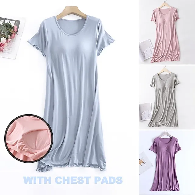 Women's Pajamas Nightgown Nightshirt Dress Pure Color Simple Comfort Home Daily Bed Modal Breathable Crew Neck Short Sleeve T shirt Tee Summer Spring Yellow Pink b4c12a3f33c0533775ed5d5f94bb0628