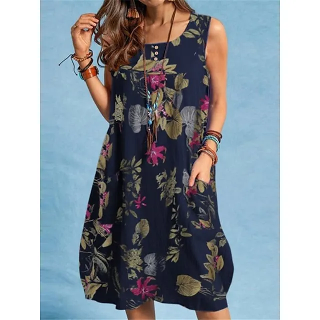 Women’s Casual Dress Tank Dress Floral Print Pocket Strap Midi Dress Streetwear Street Vacation Sleeveless Regular Fit Red Navy Blue Orange Summer S M L XL 2XL 358d9d9ff36aeef9a859dc6442e32cbb