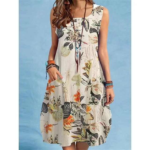 Women’s Casual Dress Tank Dress Floral Print Pocket Strap Midi Dress Streetwear Street Vacation Sleeveless Regular Fit Red Navy Blue Orange Summer S M L XL 2XL f38fc6686388c86a8031b231e2e425ac