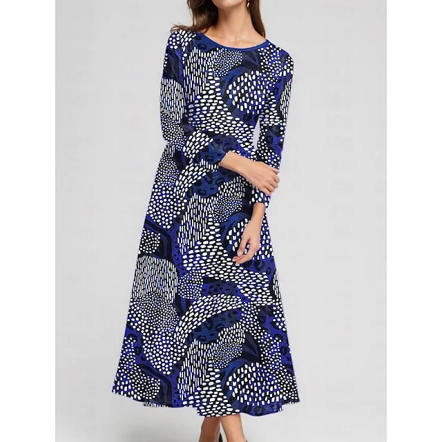 Women’s Casual Dress Swing Dress Geometric Color Block Print Pocket Crew Neck Midi Dress Streetwear A Line Street Date Long Sleeve Regular Fit Blue Spring S M L XL 2XL bbf5440586d0cdbade74ac037a4da922