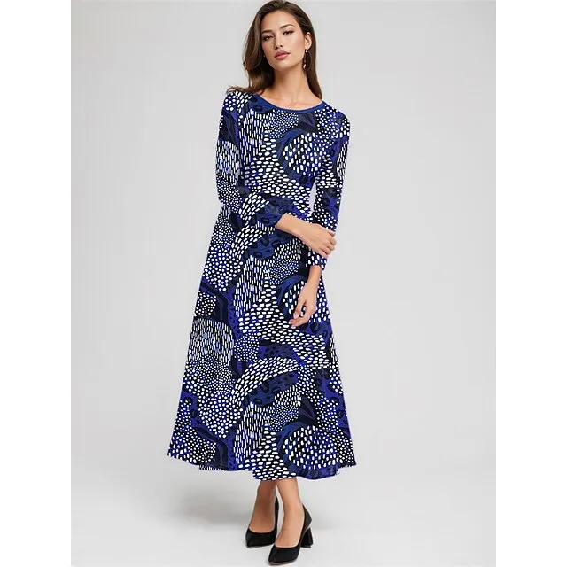 Women's Casual Dress Swing Dress Geometric Color Block Print Pocket Crew Neck Midi Dress Streetwear A Line Street Date Long Sleeve Regular Fit Blue Spring S M L XL 2XL de1ad3b47b4702dec1c85181a7c8c0b7