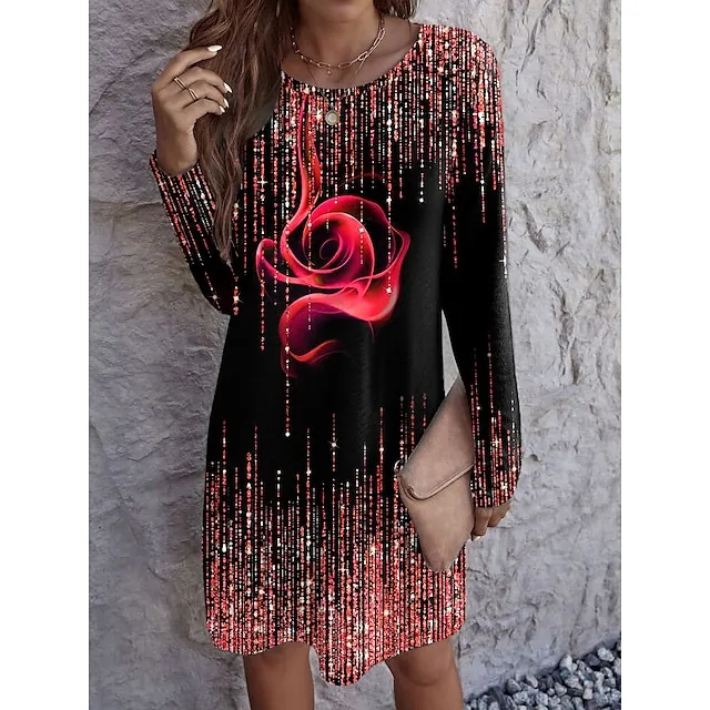 Women’s Casual Dress T Shirt Dress Tee Dress Rose Print Crew Neck Mini Dress Elegant Date Long Sleeve Loose Fit White Red Blue Spring S M L XL 2XL 11cf271b40a8a866c7f492f260e5632b