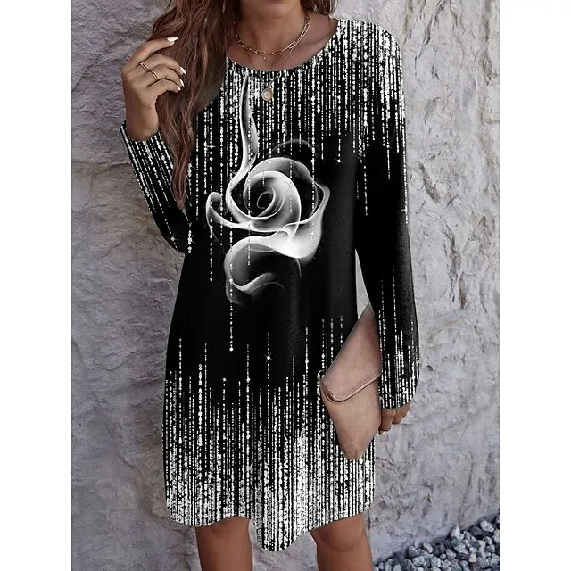 Women’s Casual Dress T Shirt Dress Tee Dress Rose Print Crew Neck Mini Dress Elegant Date Long Sleeve Loose Fit White Red Blue Spring S M L XL 2XL 86782429a4ffe62b4f4d2d397d79170d