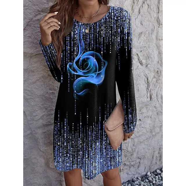 Women's Casual Dress T Shirt Dress Tee Dress Rose Print Crew Neck Mini Dress Elegant Date Long Sleeve Loose Fit White Red Blue Spring S M L XL 2XL 8ab83c8ab1de673a43596e712b51efe9