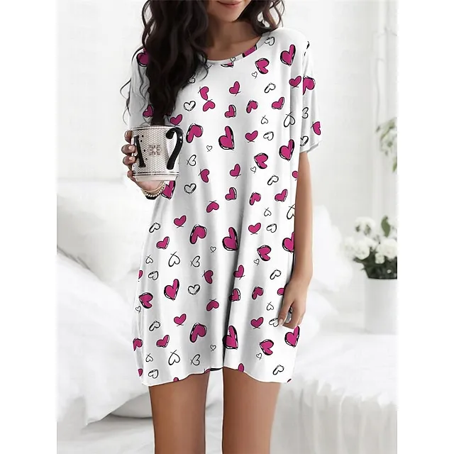 Women's Nightgown Nightshirt Dress Heart Fashion Comfort Soft Home Daily Bed Polyester Breathable Crew Neck Short Sleeve Summer Spring White 587bb633a9d1e0bf76a6ed69ed95e799