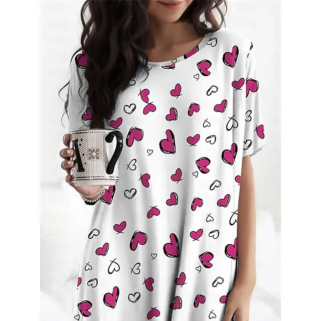 Women’s Nightgown Nightshirt Dress Heart Fashion Comfort Soft Home Daily Bed Polyester Breathable Crew Neck Short Sleeve Summer Spring White b9210f754bcabf01f902a24cb04fbb50