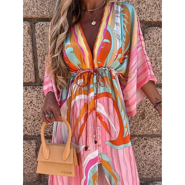 Women’s Casual Dress Swing Dress Geometric Color Block Drawstring Split V Neck Long Dress Maxi Dress Bohemia Streetwear Street Holiday 3/4 Length Sleeve Loose Fit Pink Blue Green Summer S M L XL 8b7dd0ae575b83b9539e6c75c45471f0