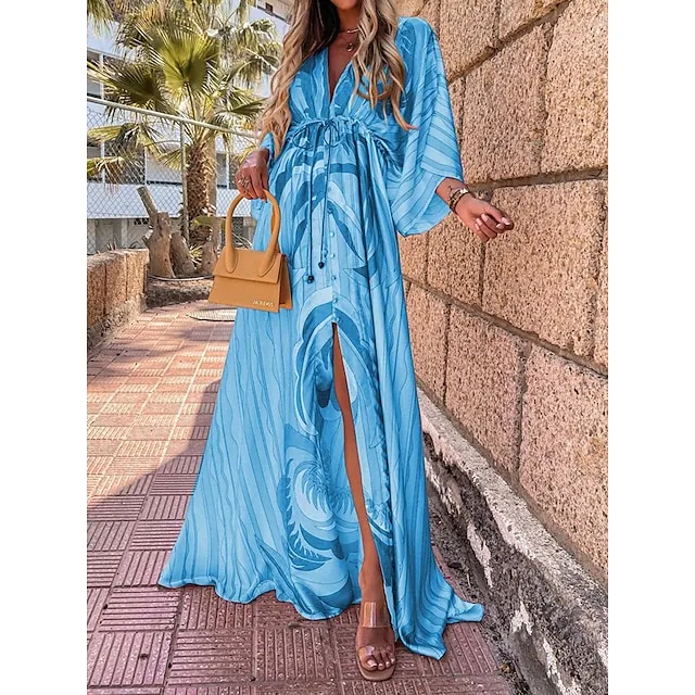Women’s Casual Dress Swing Dress Geometric Color Block Drawstring Split V Neck Long Dress Maxi Dress Bohemia Streetwear Street Holiday 3/4 Length Sleeve Loose Fit Pink Blue Green Summer S M L XL bc363319aa76a08c0fcb1e7cfd1dabe6