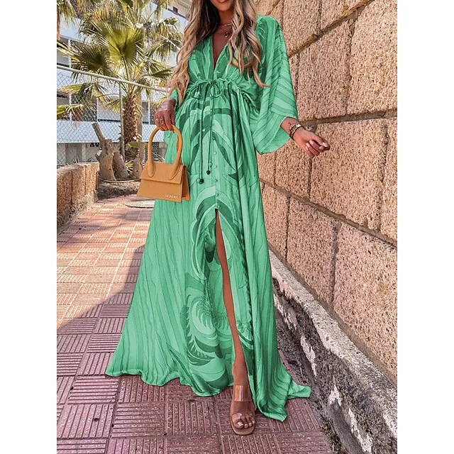 Women’s Casual Dress Swing Dress Geometric Color Block Drawstring Split V Neck Long Dress Maxi Dress Bohemia Streetwear Street Holiday 3/4 Length Sleeve Loose Fit Pink Blue Green Summer S M L XL ea440c41b7627df5b8eed70465375aec