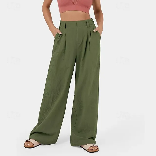 Women's Wide Leg Pants Trousers Linen Cotton Blend Plain Side Pockets Wide Leg Ankle-Length Casual Daily Going out Weekend Army Green Burgundy S M Spring & Summer 20948bc8191989d09797c0801bb13595