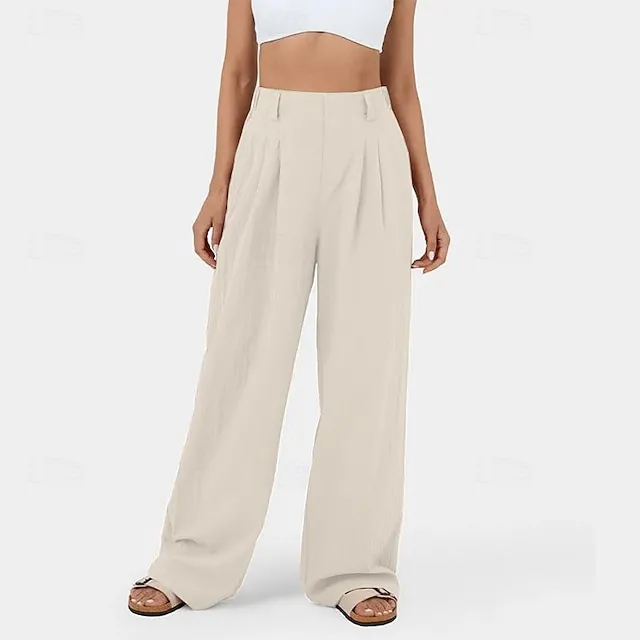 Women’s Wide Leg Pants Trousers Linen Cotton Blend Plain Side Pockets Wide Leg Ankle-Length Casual Daily Going out Weekend Army Green Burgundy S M Spring & Summer 5ba28270abaeb98638010c29c83e4860