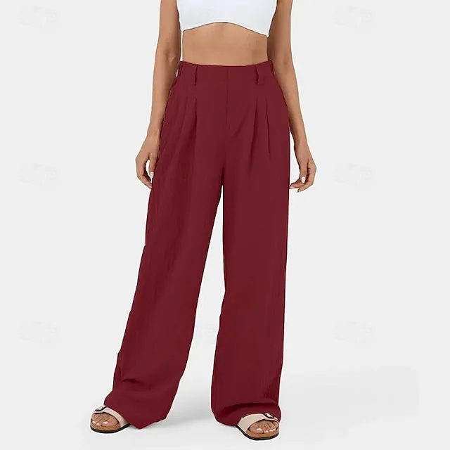 Women’s Wide Leg Pants Trousers Linen Cotton Blend Plain Side Pockets Wide Leg Ankle-Length Casual Daily Going out Weekend Army Green Burgundy S M Spring & Summer 6648031acd0e1daca0d7dba47a6e2ecb