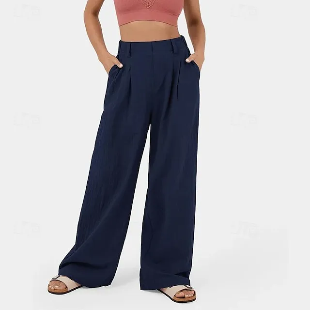 Women’s Wide Leg Pants Trousers Linen Cotton Blend Plain Side Pockets Wide Leg Ankle-Length Casual Daily Going out Weekend Army Green Burgundy S M Spring & Summer d0ff0dfd0ef520f399ab75920c3056ce