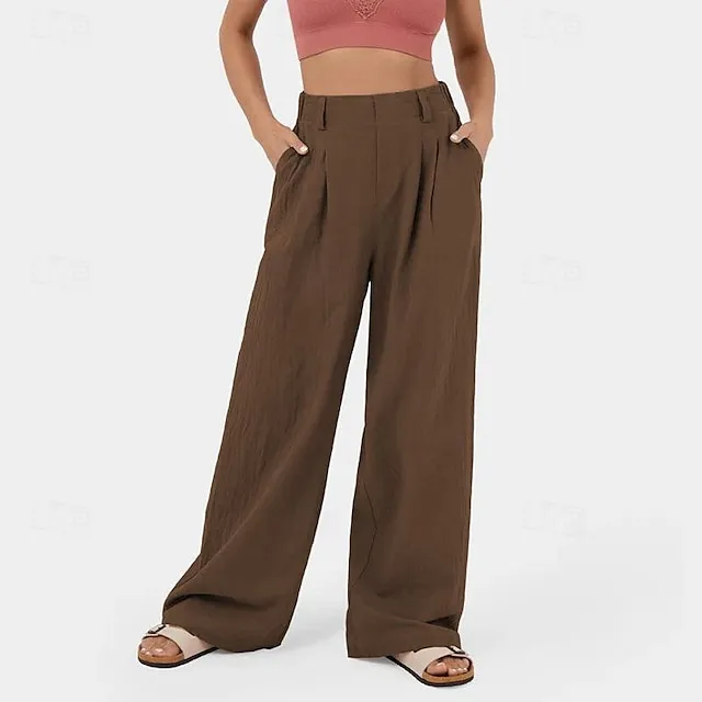 Women’s Wide Leg Pants Trousers Linen Cotton Blend Plain Side Pockets Wide Leg Ankle-Length Casual Daily Going out Weekend Army Green Burgundy S M Spring & Summer de4a1aa004e1d2ac504caaf1e805f8fa