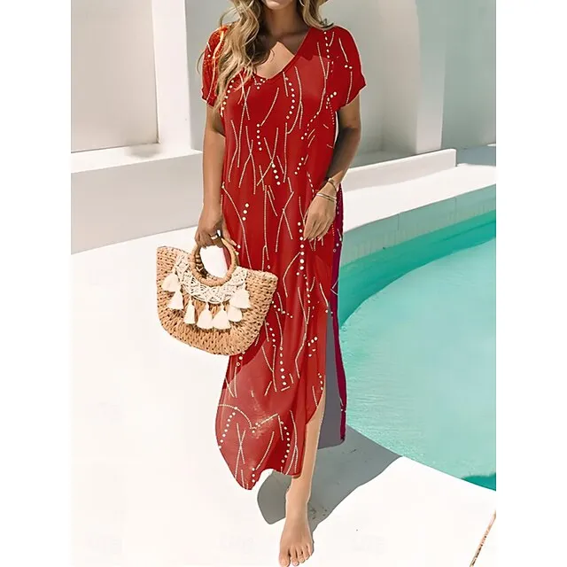 Women’s Casual Dress Summer Dress Geometric Print Split V Neck Long Dress Maxi Dress Streetwear Maxi Street Holiday Short Sleeve Loose Fit Red Blue Purple Summer Spring S M L XL 3XL 58eeb2c0928b11ce307a0573ae1b64b6