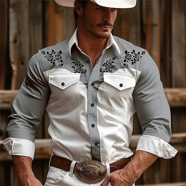 Floral Men’s Vintage western style 3D Printed Western Shirt Daily Wear Going out Weekend Spring & Summer Turndown Long Sleeve Pink Khaki Beige S M L 4-Way Stretch Fabric Shirt 054415b0bc3df20fb83ab171c4b78ecf