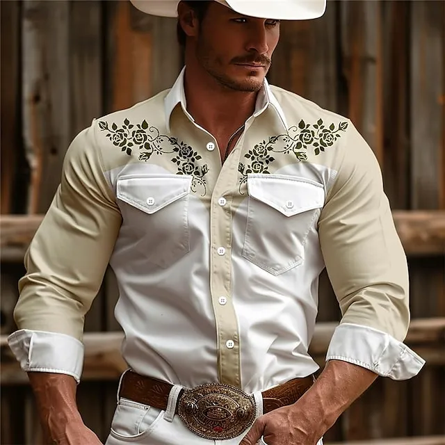 Floral Men’s Vintage western style 3D Printed Western Shirt Daily Wear Going out Weekend Spring & Summer Turndown Long Sleeve Pink Khaki Beige S M L 4-Way Stretch Fabric Shirt 49136a91a4220a8992a7790194ffcb47