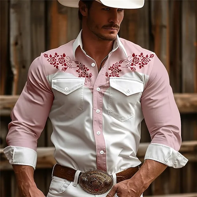 Floral Men’s Vintage western style 3D Printed Western Shirt Daily Wear Going out Weekend Spring & Summer Turndown Long Sleeve Pink Khaki Beige S M L 4-Way Stretch Fabric Shirt 5c166d21ca9a8f20942ad8e49be07e19