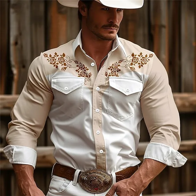 Floral Men's Vintage western style 3D Printed Western Shirt Daily Wear Going out Weekend Spring & Summer Turndown Long Sleeve Pink Khaki Beige S M L 4-Way Stretch Fabric Shirt c6d09c7b0c4dc089aa653bd496c0478a