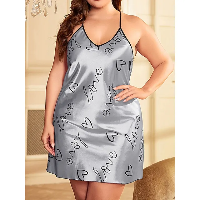 Women’s Plus Size Pajamas Nightgown Nightshirt Dress Heart Letter Fashion Lovers Comfort Home Daily Bed Satin Breathable Straps Sleeveless Backless Summer Spring Silver Pink 41f57e154e8712296023cc4722c98841